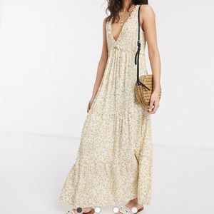 Pull&Bear tiered midi dress in yellow floral print